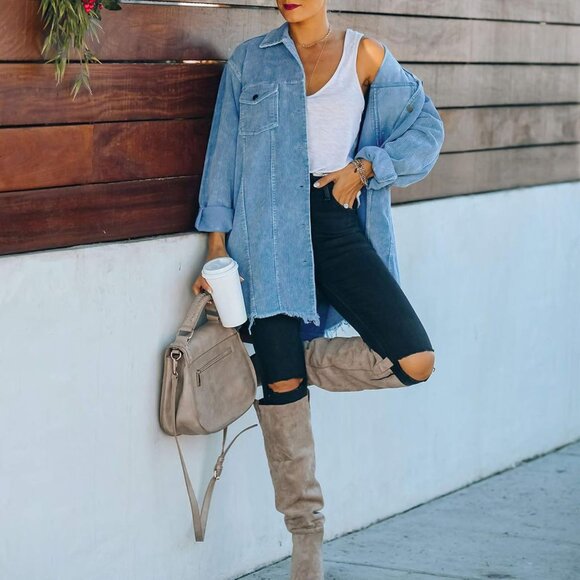 Womens Blue Oversized Corduroy Shirt Jacket Casual Button Down Retro - Picture 4 of 5